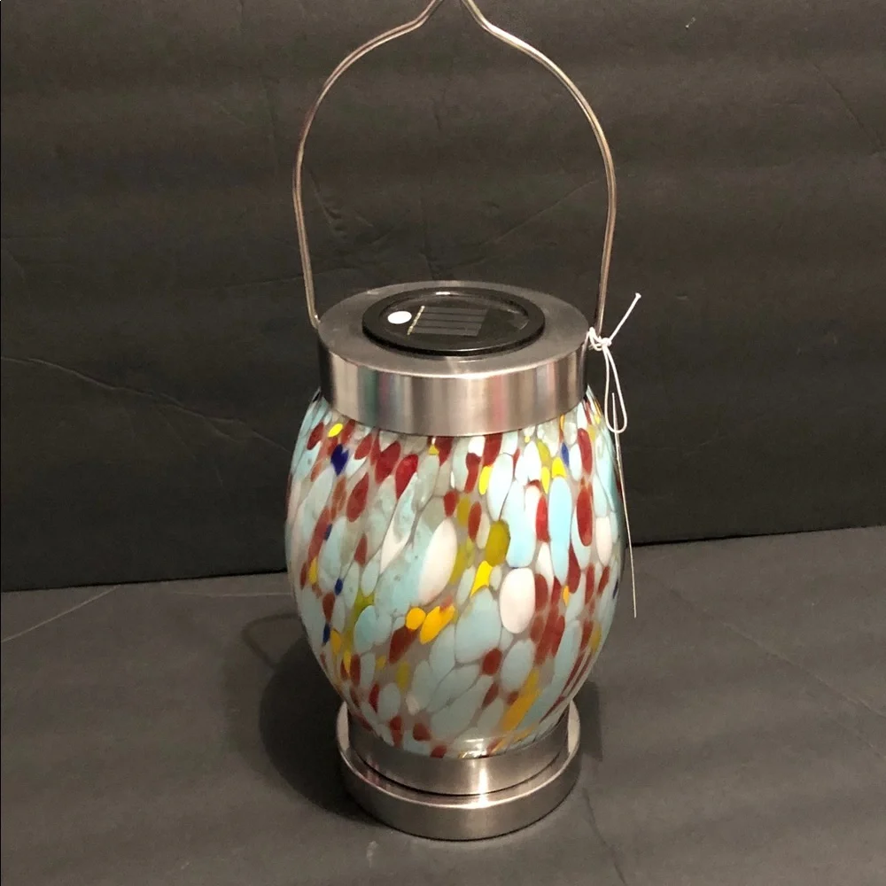 Blue brown mosaic look blown glass style outdoor hanging LED lantern new